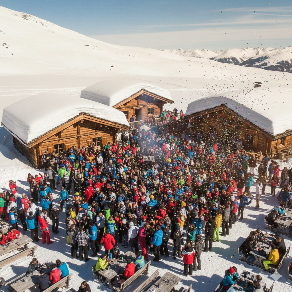 Feiernde Après-Ski Menge im Schnee mit Konfetti in der Luft und bei Sonnenschein